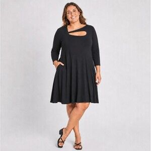 Sympli Travel Dress sz 14 Black Fit Flare Cutout Detail No Iron Packable Canada